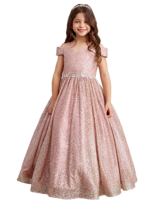 Big Girls Rose Gold Illusion Neckline Off Shoulder Pageant Dress 8-18 - SophiasStyle.com